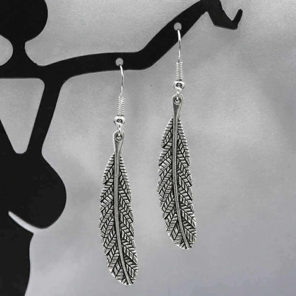 Silver Feather Drop Earrings - Picture 3 of 4
